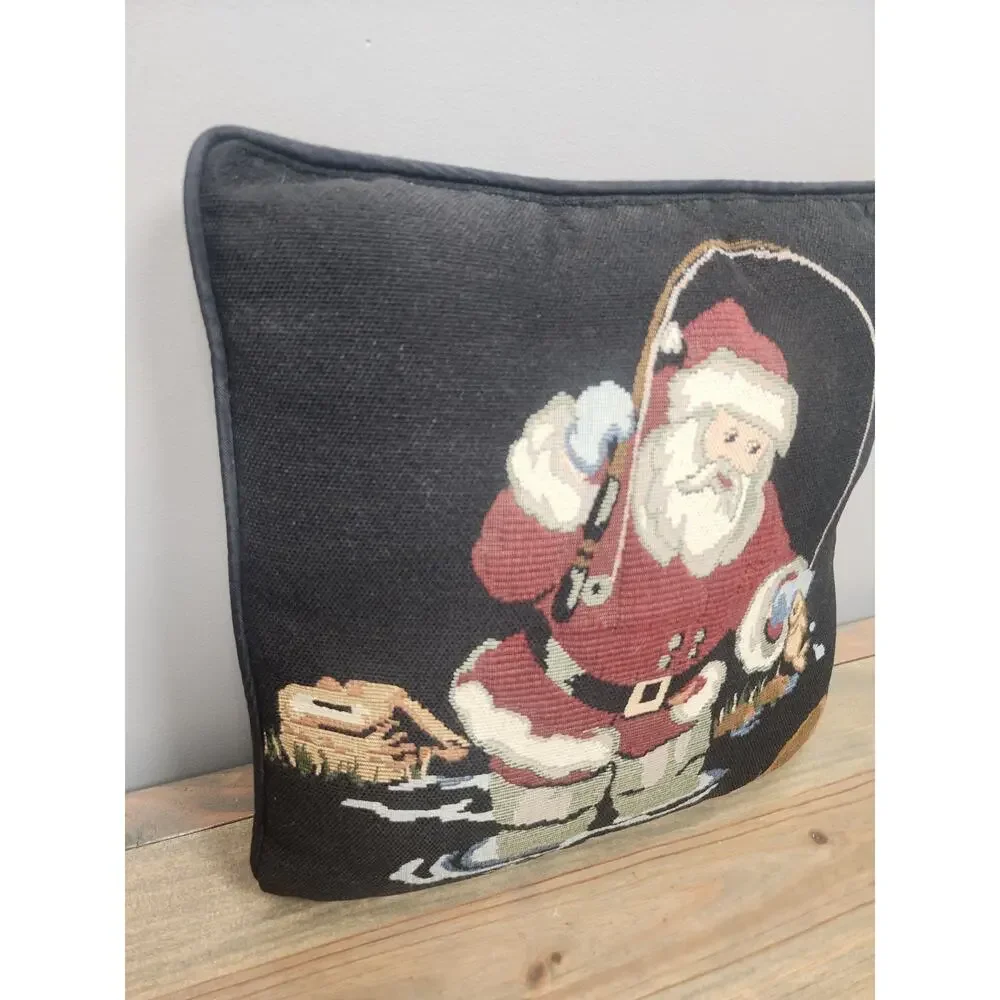 Christmas Needlepoint Pillow 12” X 12” Santa Fishing